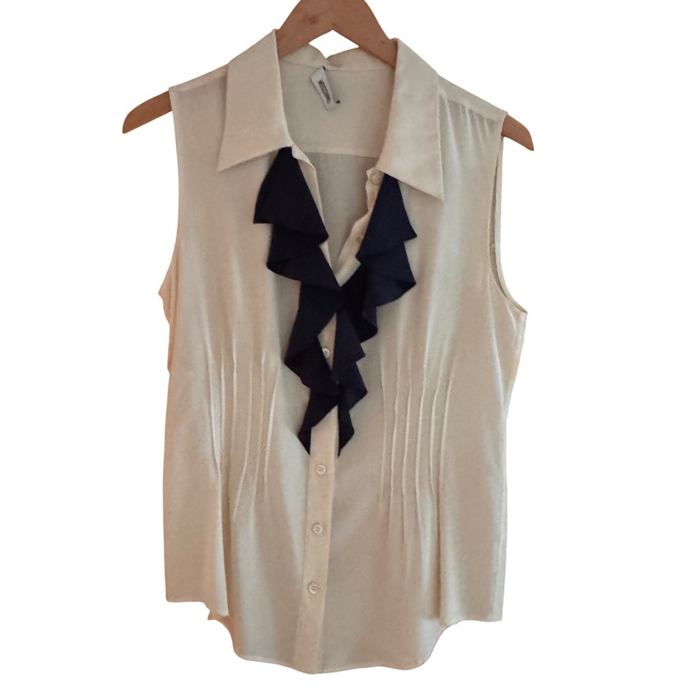 Moschino Semi-Sheer Silk Sleeveless Blouse Ivory Cream Navy Ruffle Pintuck Top S